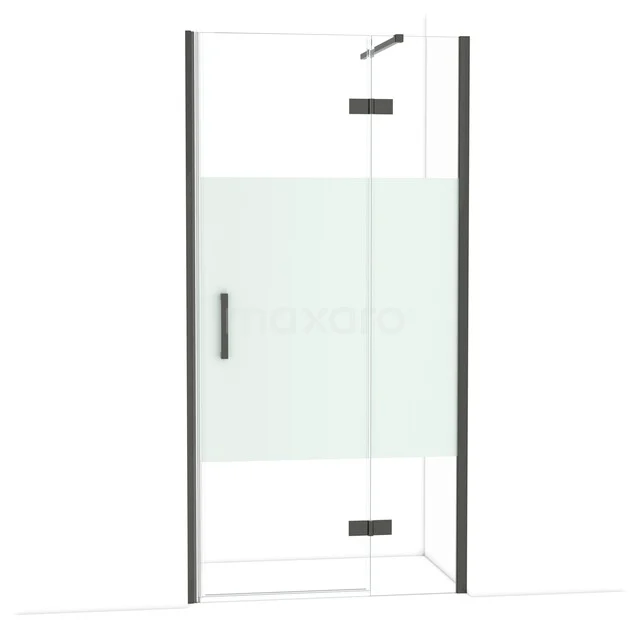 Glass shower cabin with frosted white section, black frame and door handle, perfect for modern bathrooms.