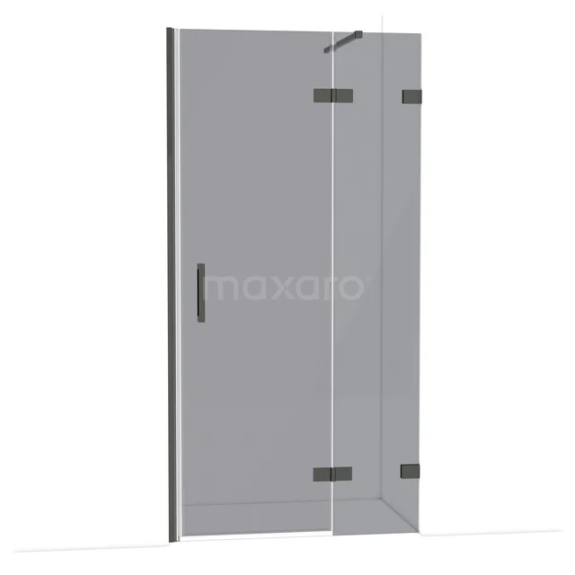 Glazen douchedeur, helder veiligheidsglas, zwart profiel, scharnieren en handgreep, perfect voor moderne badkamerontwerpen.