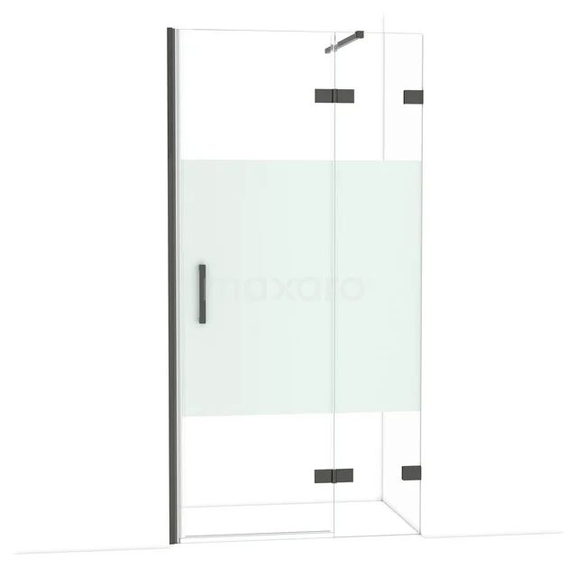Diamond Shower door | 100 cm Black chrome Clear with matt strip Pivot door DDB22462123BC Heldere glazen douchewand met mat wit paneel en zwart metalen afwerking, ideaal voor moderne badkamers.