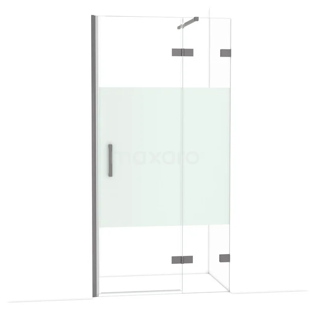 Diamond Douchedeur | 100 cm Zwart metaal Helder met matte strook Draaideur DDB22462123ZM Douchecabine met helder glas, mat wit strookdetail en chromen accenten; stijlvol badkamerdesign voor moderne ruimtes.