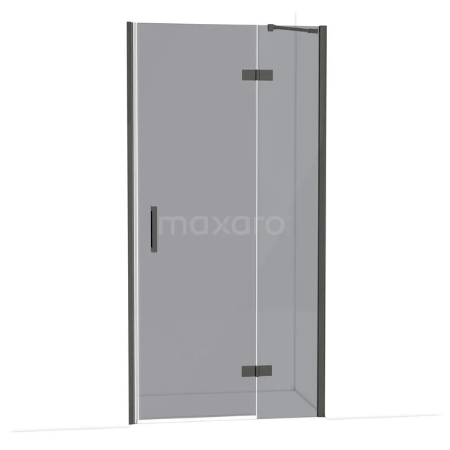 Glazen douchedeur met zwarte scharnieren en handgreep, modern design, perfect voor elke stijlvolle badkamer.