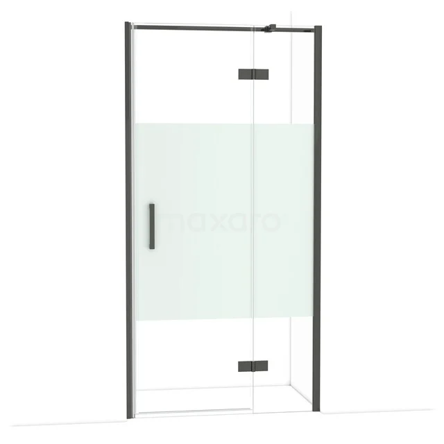 Shower screen with frosted glass strip, black frame, swivel design. Perfect addition for a modern bathroom.