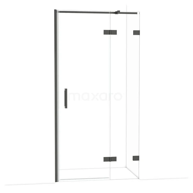 Schwarze Eck-Duschtür mit Klarglas, Scharnieren und modernem Design. Modern und stilvoll für jedes Badezimmer.