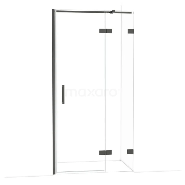 Schwarze Eck-Duschtür mit Klarglas, Scharnieren und modernem Design. Modern und stilvoll für jedes Badezimmer.