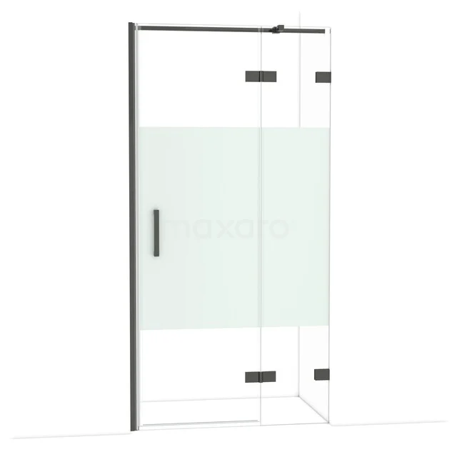 Diamond Shower door | 100 cm Black chrome Clear with matt strip Pivot door DDB22462323BC Douchedeur van helder glas met matte band, zwarte afwerking en draaideur; ideaal voor moderne badkamerinrichting.