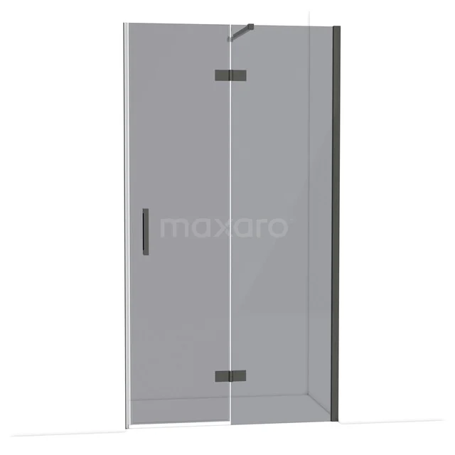 Douchedeur met helder glas, zwart mat profiel en scharnieren, onderdeel van een stijlvolle badkamerinrichting.