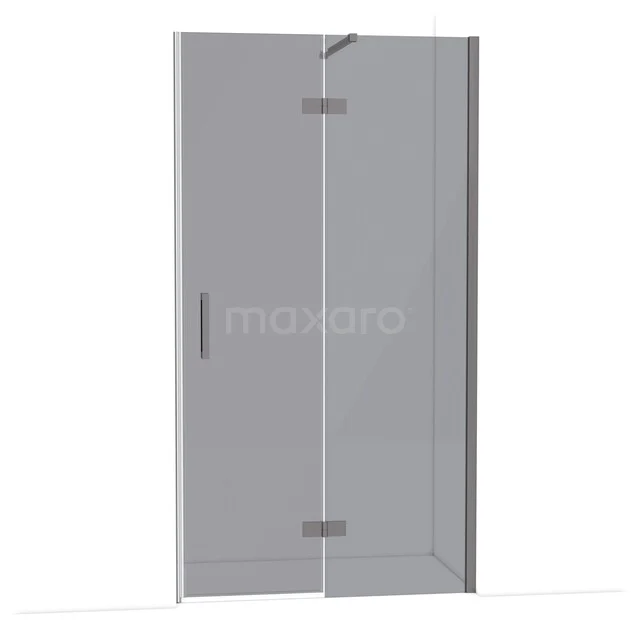 Glass shower door with chrome hinges, minimalist design, perfect for a modern bathroom.