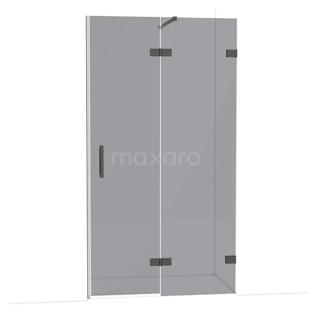 Glass shower door with matte black hinges and handle, modern design, perfect for a stylish bathroom.