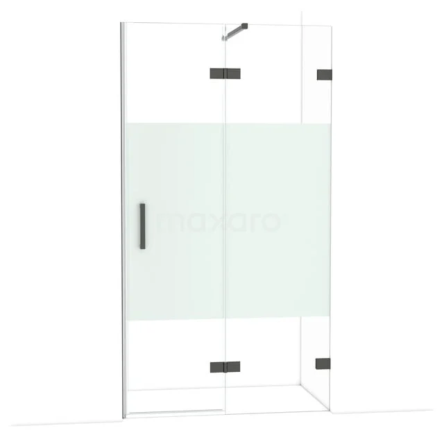 Glazen douchewand met mat wit paneel, zwart metalen details, modern design, ideale toevoeging aan een stijlvolle badkamer.