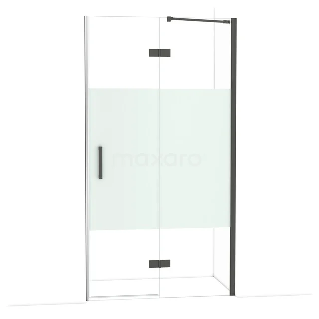Douchedeur met matglasstrook, zwart frame en draaideurdesign, perfect voor een stijlvolle en moderne badkamer.