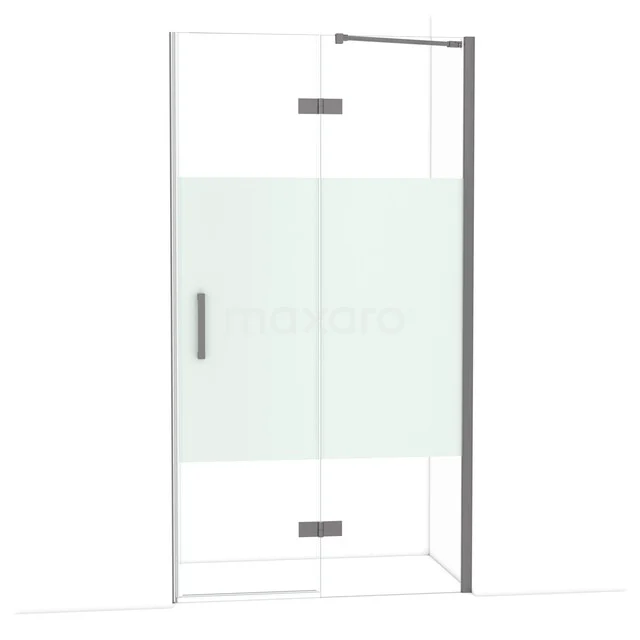 Shower wall with clear glass, frosted white middle panel and metal frame. Perfect for a modern bathroom style.