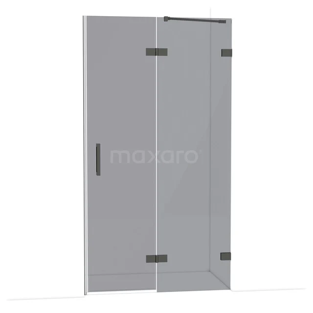 Glazen douchedeur met schuifmechanisme, helder glas en zwarte metalen accenten, ideaal voor een moderne badkamer.