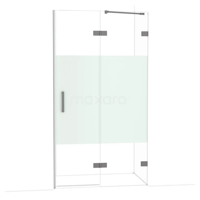 Glazen douchewand met mat wit paneel en metalen scharnieren, ideaal voor een moderne badkamer inrichting.