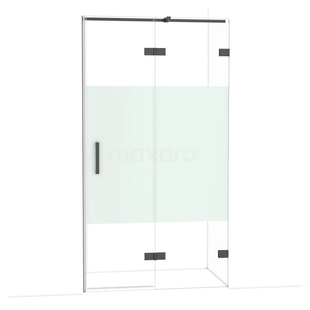 Douchecabine met helder glas en mat witte strook, strak zwart frame, perfect voor een moderne badkamer.