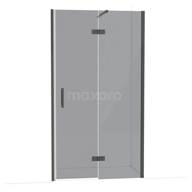 Douchedeur van helder glas met mat zwarte profielen, scharnieren en handgreep, modern design voor een stijlvolle badkamer.