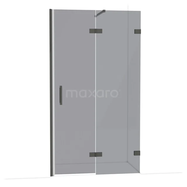 Duschtür mit Klarglas, schwarzem Rahmen und Scharnieren, modernes Design für einen stilvollen Badezimmerraum.