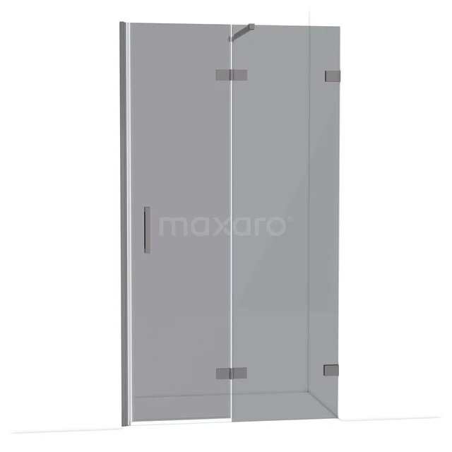 Glazen douchedeur met moderne metalen scharnieren, helder glas, ideaal voor een strakke badkamerstijl.