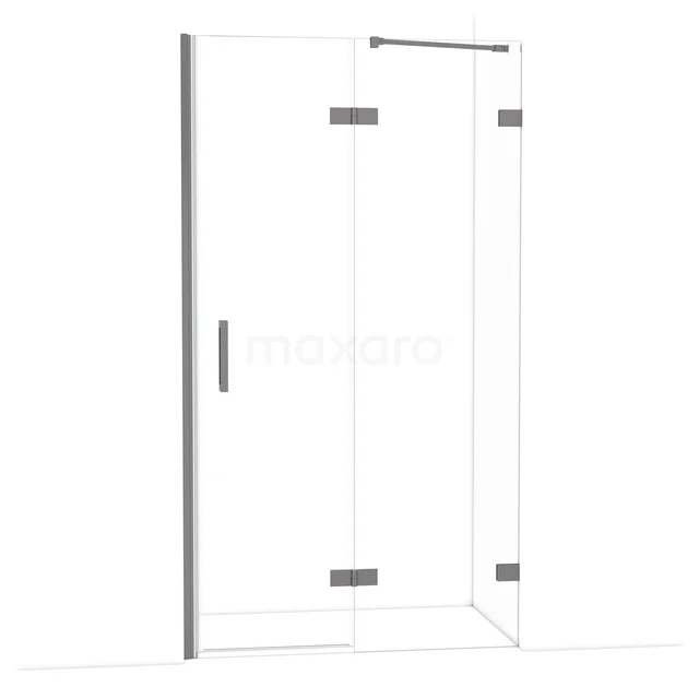 Diamond Shower door | 110 cm Black metal Clear glass Pivot door DDB22652220ZM Douchewand met hoekopstelling, helder glas en verchroomde scharnieren, perfect voor een moderne badkamerinrichting.