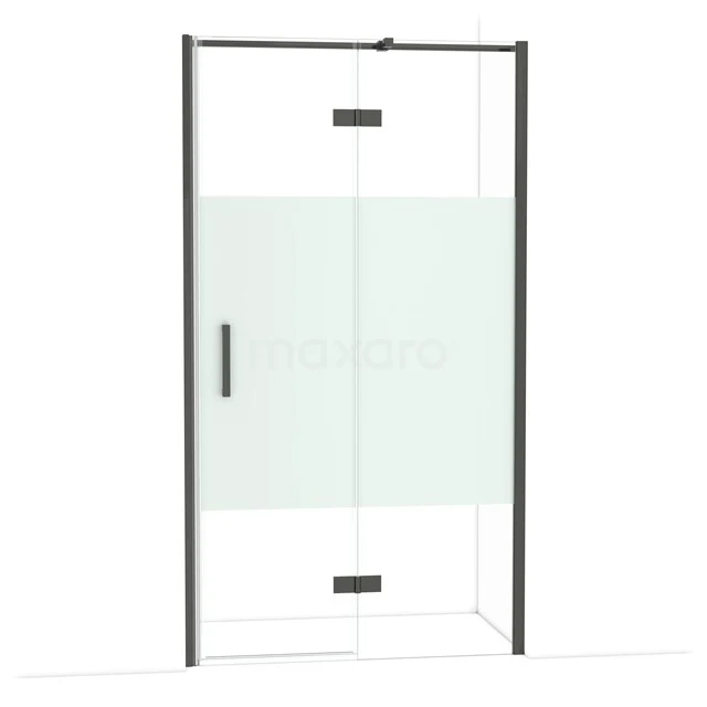 Glazen douchedeur met zwart frame, mat strookdesign en schuifdeur, perfect voor een moderne badkamer.