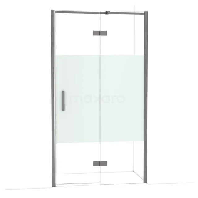 Diamond Shower door | 110 cm Black metal Clear with matt strip Pivot door DDB22652313ZM Douchedeur met helder glas en mat witte strook, aluminium omlijsting, ideaal voor een moderne badkamerstijl.
