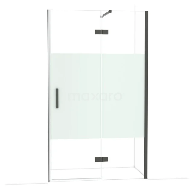 Glazen douchecabine met mat wit paneel, slanke handgreep en zwart frame voor een moderne badkamerstijl.