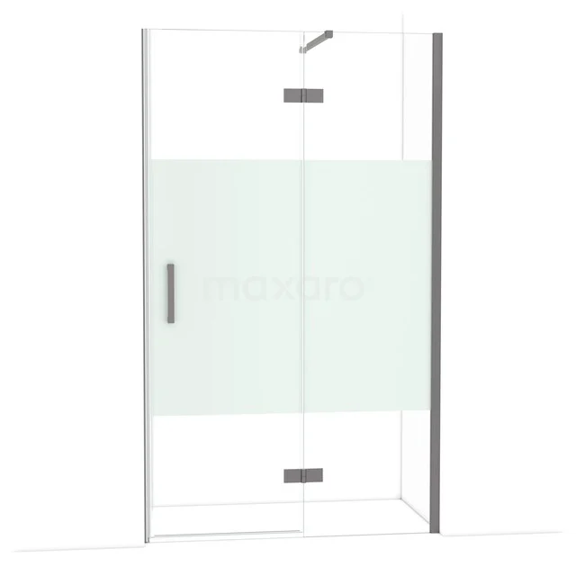 Glas Duschtür mit Mattglasstreifen, Edelstahl Haltegriff und Scharniere, geeignet für moderne Badezimmergestaltung.