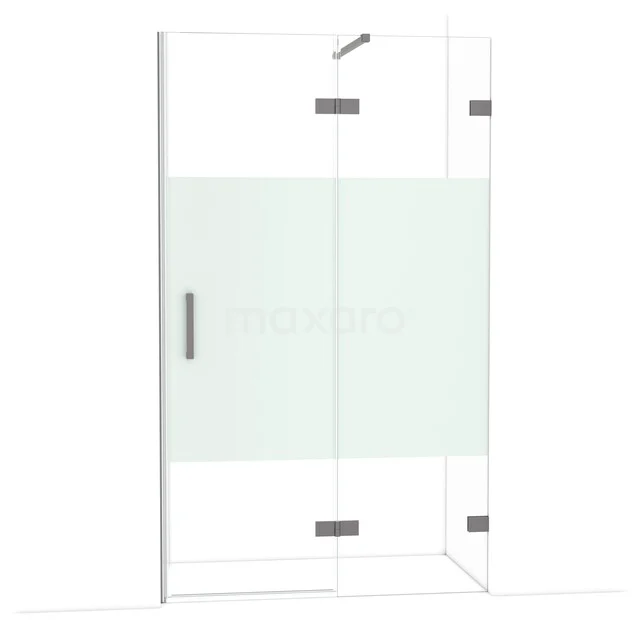 Glazen hoekdouche met matwit paneel, roestvrijstalen scharnieren en heldere lijnen, perfect voor een moderne badkamer.