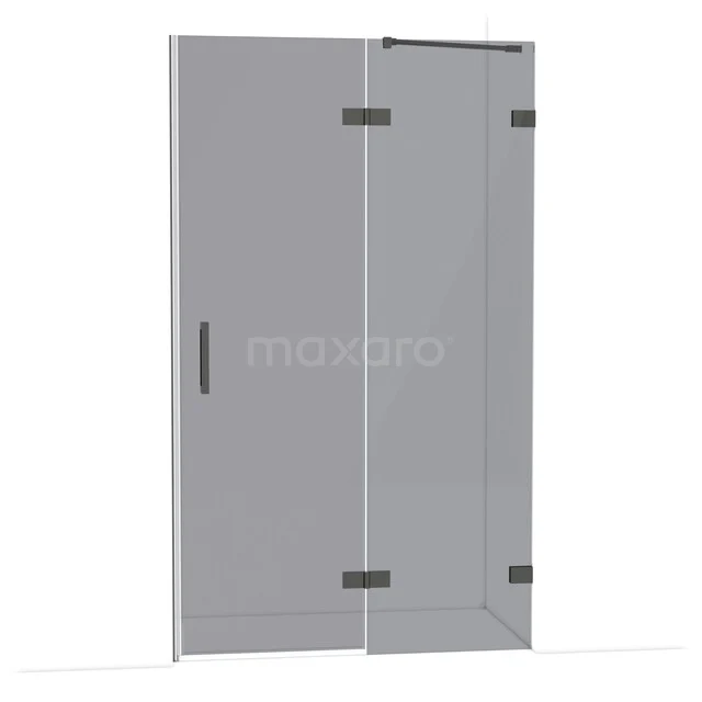 Douchewand met mat zwart beslag, helder glas en strak design, ideaal voor een moderne badkamer.