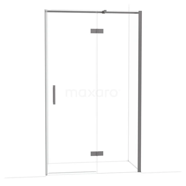 Glazen douchedeur met chromen kader en handgreep, strak design voor moderne badkamers, geschikt voor hoekdouche ruimtes.