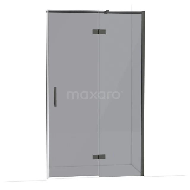 Glass shower door with matte black hinges and handle, modern design, perfect for a stylish bathroom renovation.
