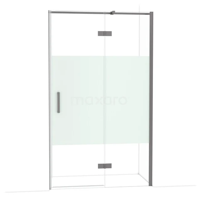 Glasene Duschtür mit mat-weißer Streifenoptik, silberfarbenem Rahmen und schlankem Haltegriff; elegante Ergänzung für jedes Badezimmer.