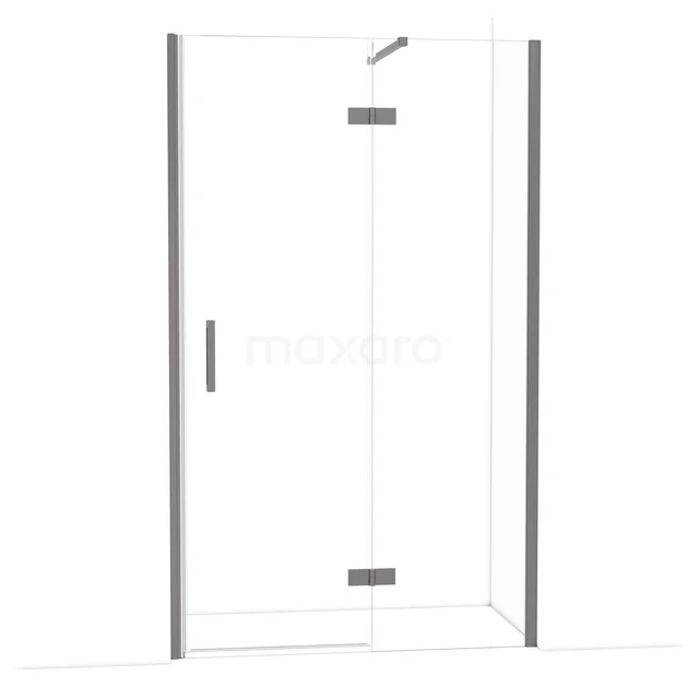 Diamond Shower door | 120 cm Black metal Clear glass Pivot door DDB22662110ZM Hoekdouchecabine met helder glas, zilveren profielen en draaideur, ideaal voor moderne badkamerinrichtingen.