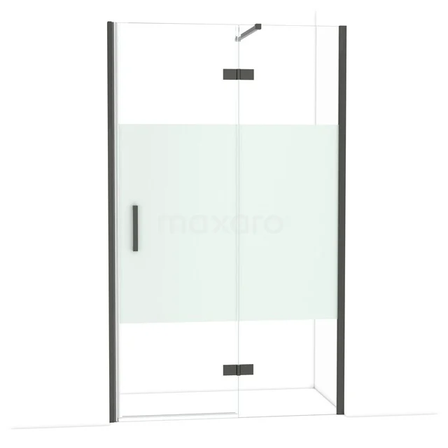 Douchecabine met zwart frame, mat glazen paneel en draaideur, perfect voor een moderne badkamerstijl.