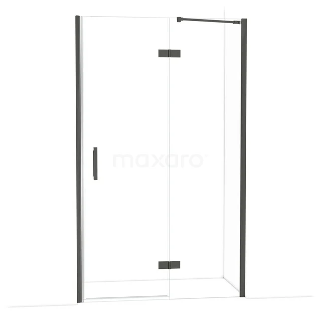 Duschwand mit mattschwarzen Akzenten, Klarglas und Drehtür, ideal für ein modernes Badezimmer.