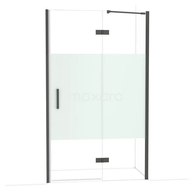 Duschkabine mit matt schwarzen Akzenten und Klarglas, einschließlich mattem Sichtschutzglasstreifen, modernes Design für das Badezimmer.