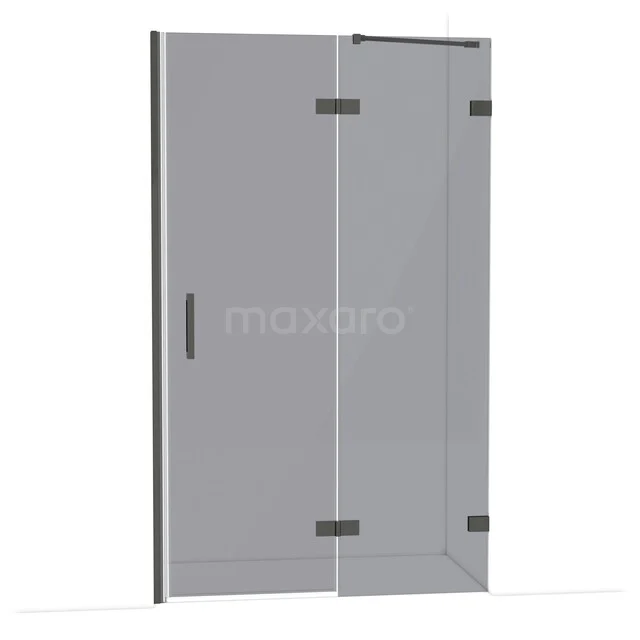 Glass shower door with hinges, matte black accents and modern handle, ideal for a luxury bathroom.