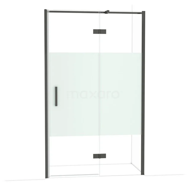 Zwarte douchedeur van glas met matglasstrook, modern design, ideaal voor een stijlvolle en functionele badkamerindeling.