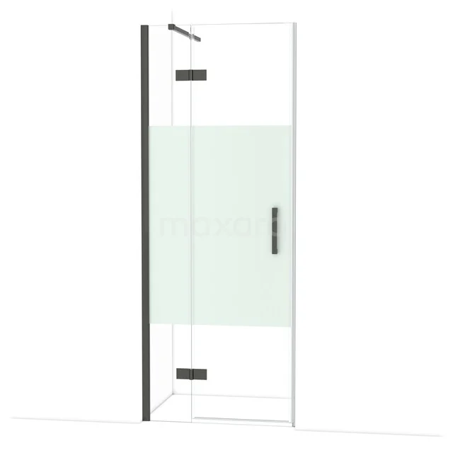 Diamond Douchedeur | 80 cm Zwart chroom Helder met matte strook Draaideur DDB21351113BCN Glazen douchedeur met zwart metalen frame en handgreep, geschikt voor moderne badkamers, uit de strakke designserie.