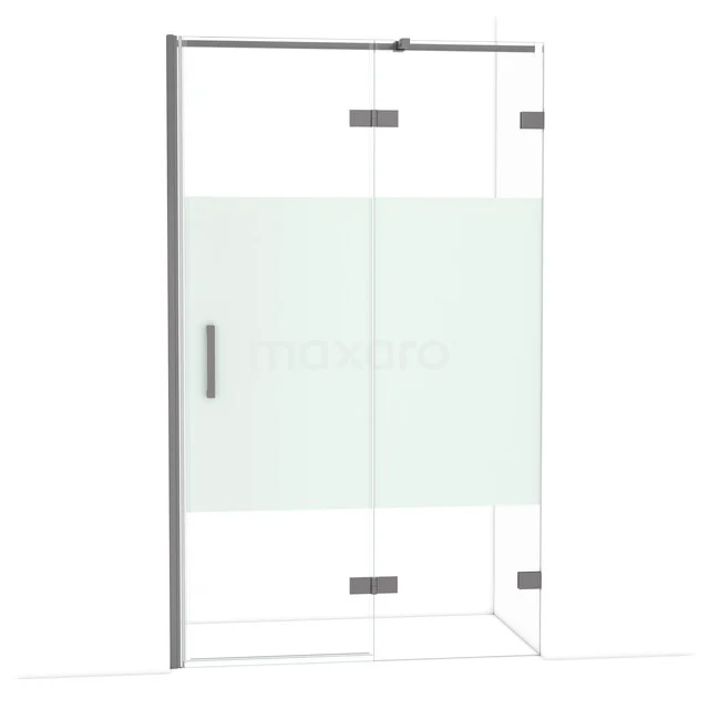 Duschkabine mit Mattglasstreifen, Schiebetür und silbernem Profil; ideal für moderne Badezimmergestaltung.