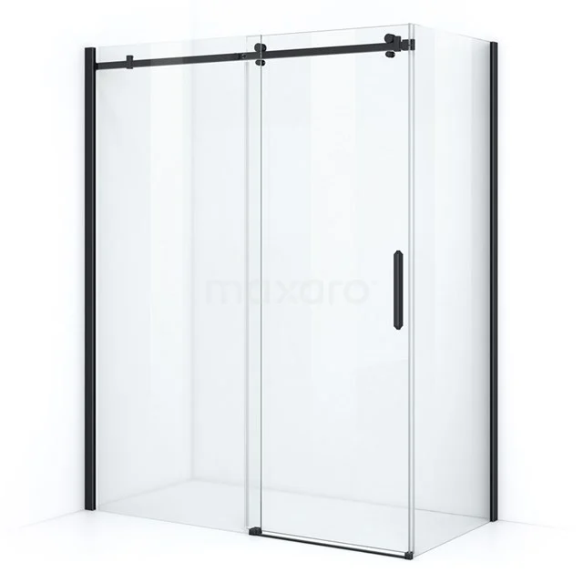 Glass shower screen with black sliding mechanism, modern design, ideal for a stylish bathroom renovation.