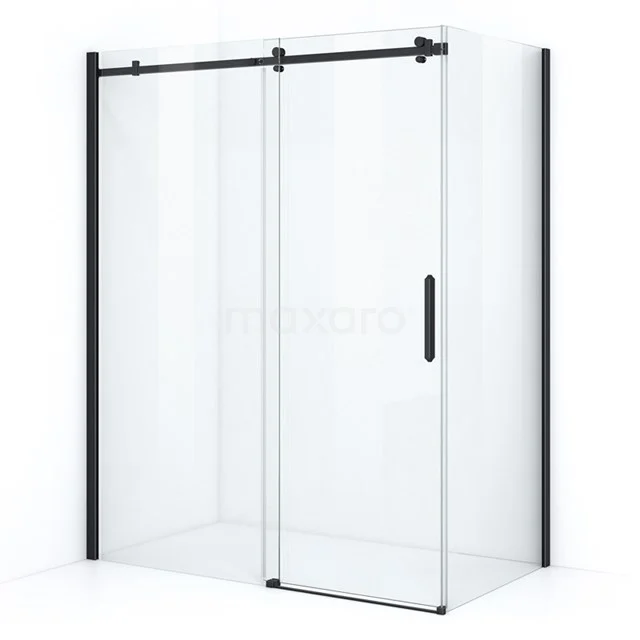 Glass shower enclosure with black aluminium frame, sliding doors and sleek design, ideal for a modern bathroom design.