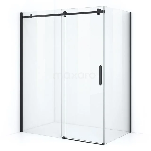 Modern shower enclosure with black aluminium frame and sliding door, clear glass; stylish upgrade for any bathroom.