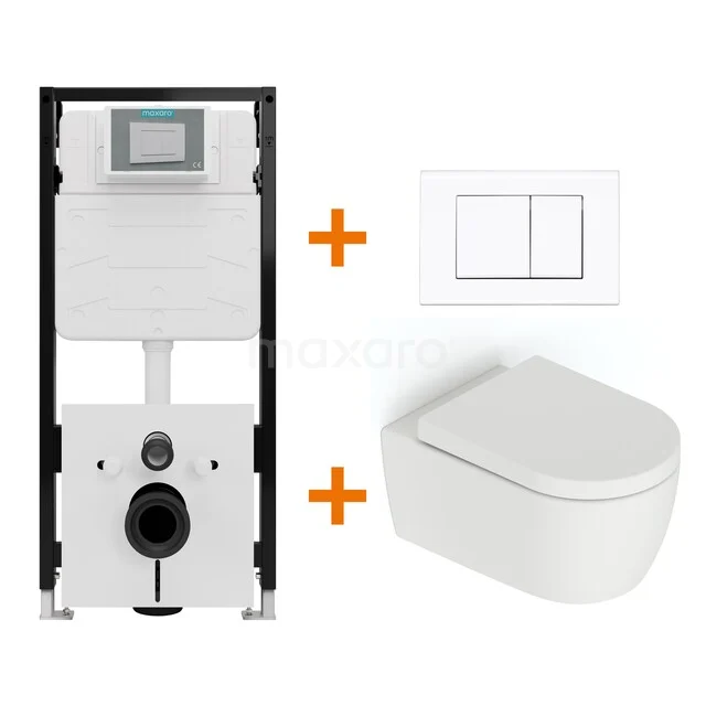 WC-Set Matt Weiß ohne Rand + Maxaro Flush Slim Pro Unterputzspülkasten mit Schalldämmung TOI2531 Unterputz-WC-Set mit Wand-WC, weißer Keramik, Unterputzspülkasten mit Rahmen und Dual-Flush Bedienfeld für moderne Bäder.