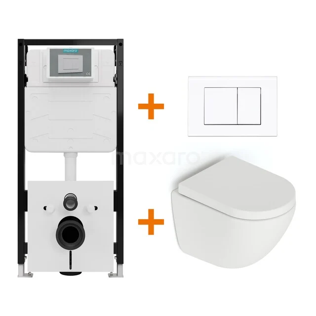 Integriertes WC-Set mit weißem Wand-WC, Unterputzspülkasten und Druckplatte, perfekt für ein modernes Badezimmer.