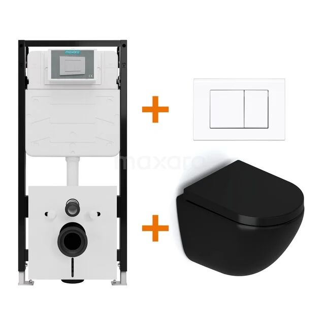 WC-Set Matt Schwarz ohne Rand + Maxaro Flush Slim Pro Unterputzspülkasten mit Schalldämmung TOI2550 Schwarzes WC-Komplettset (wandhängend) mit eingebautem Spülkasten, weißer Betätigungsplatte und schlankem Design; ideal für ein modernes Badezimmer.