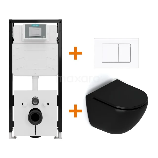 Toiletset Mat zwart zonder Spoelrand + Maxaro Flush Slim Pro inbouwreservoir met geluidsisolatie TOI2551 Zwart wandcloset met inbouwreservoir en bedieningspaneel, ideaal voor een moderne badkamerinrichting.