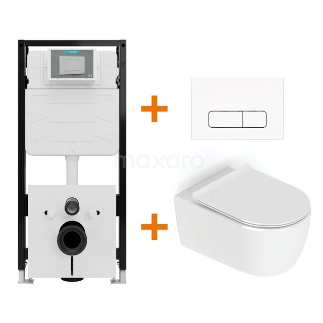 Built-in toilet set with white ceramic wall-hung toilet, soft-close seat and plastic control plate. Perfect for any modern bathroom.