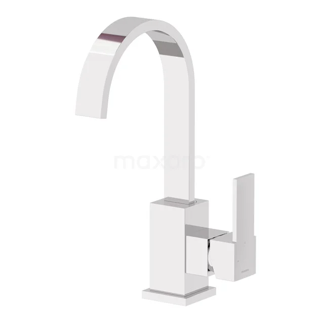 White curved basin tap with angular design, made of sturdy metal, perfect for a modern bathroom style.