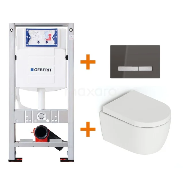 Toiletset Mat wit zonder Spoelrand + Geberit UP320 inbouwreservoir met geluidsisolatie TOI659 Geberit inbouwreservoir met mat witte wandtoilet en zwart glanzend bedieningspaneel, ideaal voor een strakke badkamer.