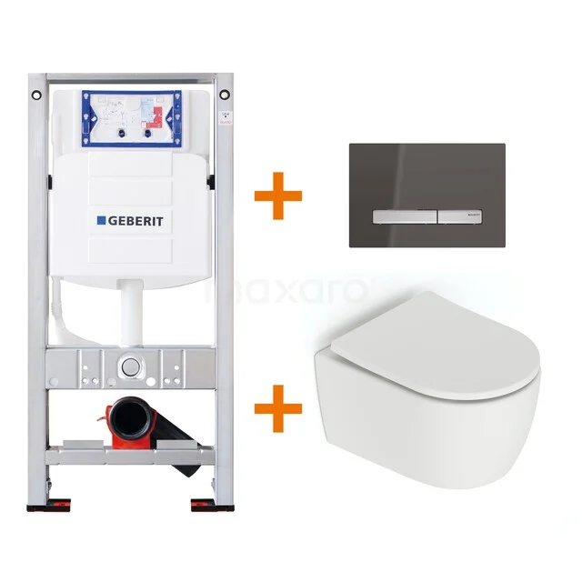 Toilet set Matte white Shortened with Easy clean + Geberit UP320 concealed cistern TOI660 Wit wandcloset met inbouwreservoir, inclusief zwart bedieningspaneel voor een moderne badkamerstijl.